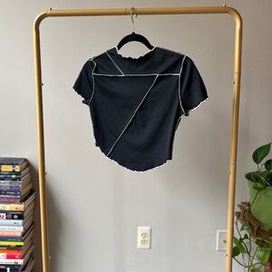 Black Crop Top, Asymmetric white lines, Size Small